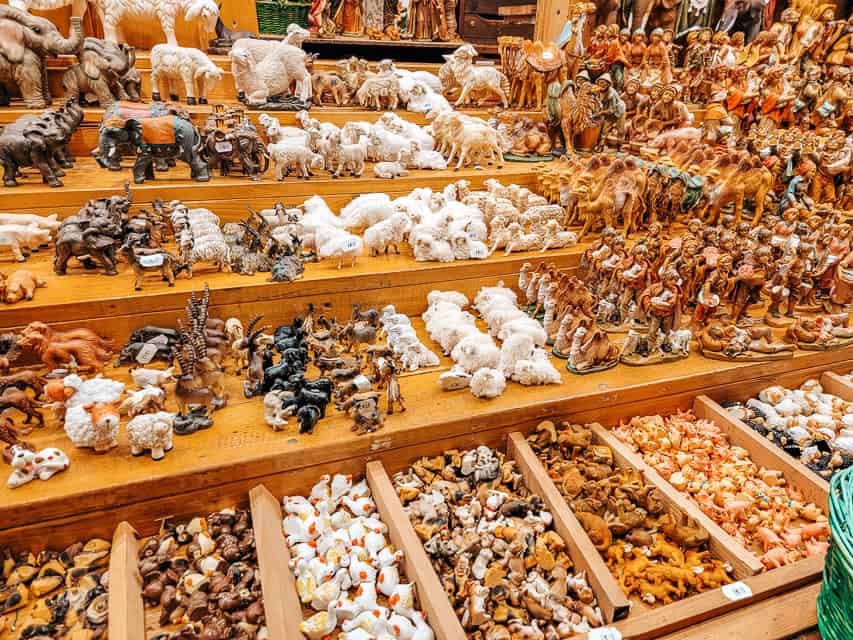 Dozens of small animal and nativity figurines are available for purchase at Christmas markets.