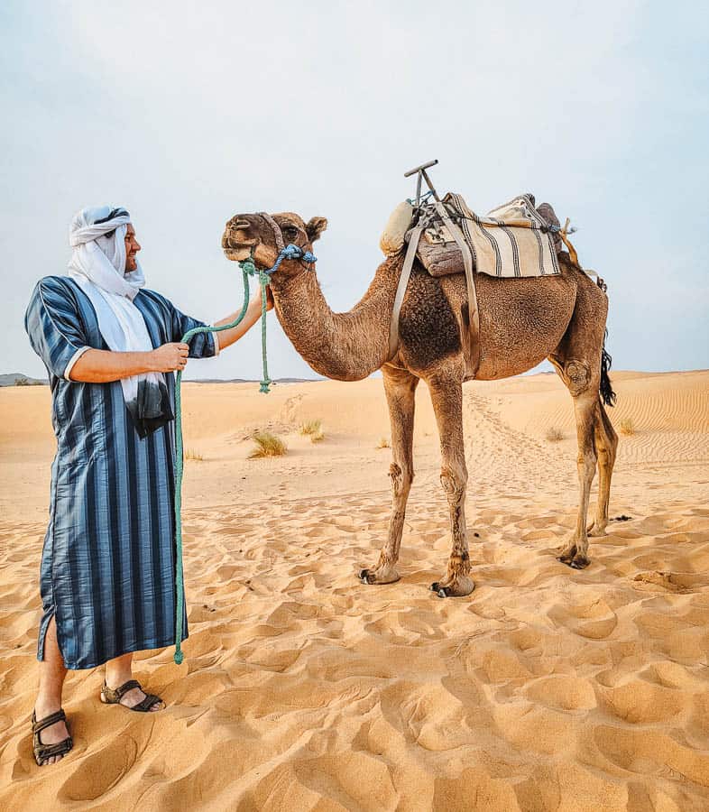 A man in a blue and black kaftan and a white turban scarf looks at a camel in the sahara desert. 