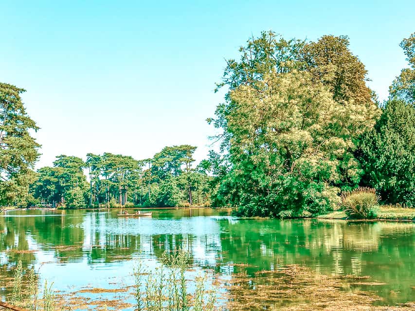 Green-blue water fills a lack surrounded by trees in the Bois de Boulogne, a large park in Paris. 