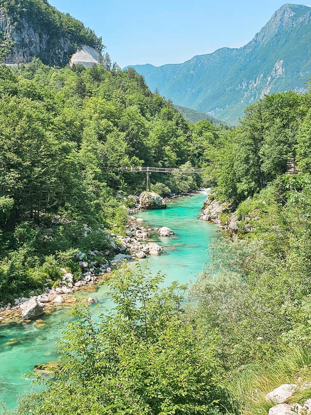 The views from the trail of the turquoise Soca river with ferns and trees all around it. 